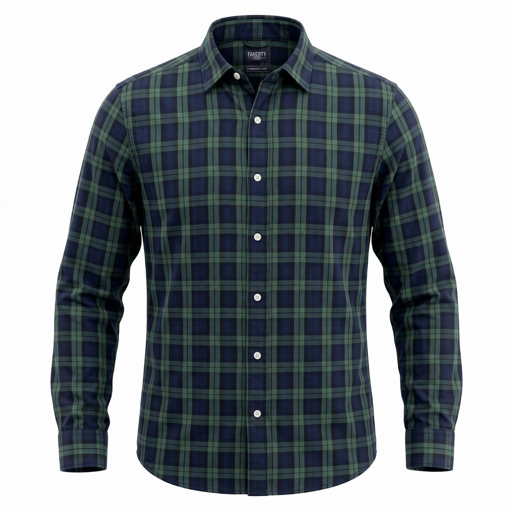 Faherty Reserve The Movement Shirt Mens Medium Green Navy Plaid Stretch Button